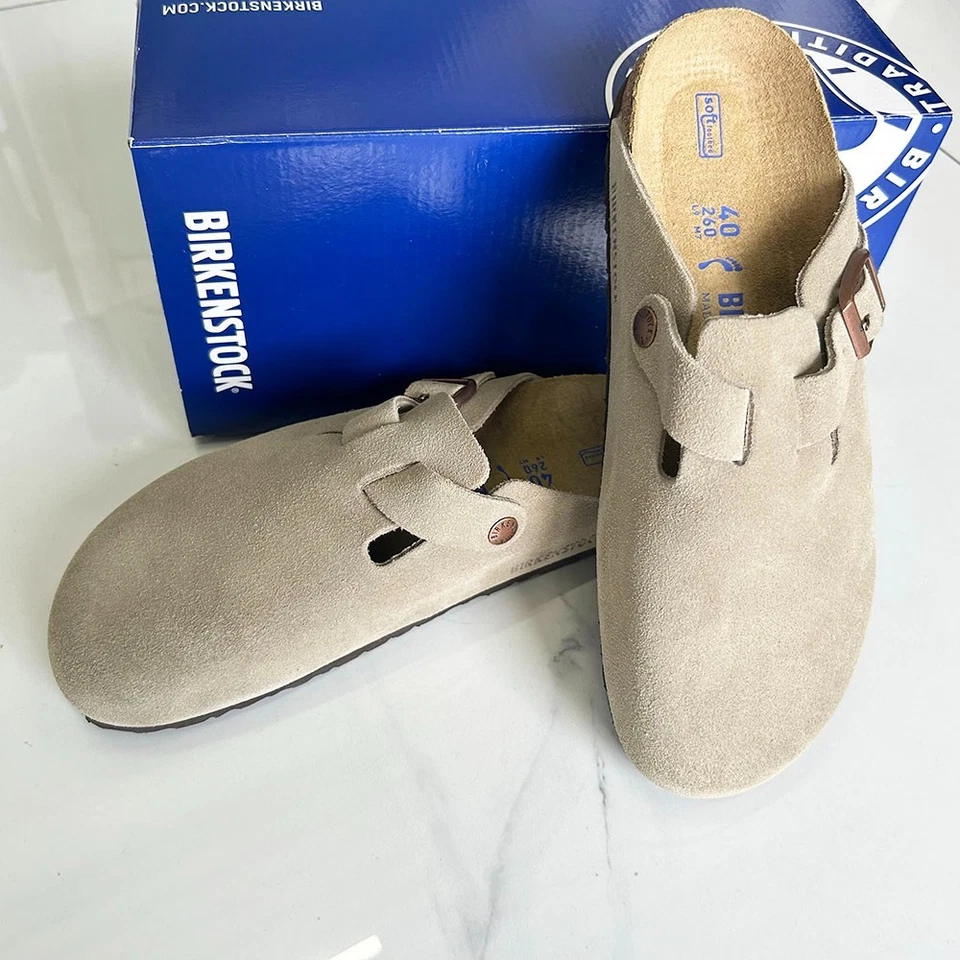 Tamancos Birkenstock Boston taupe palmilha macia estreita + larga UE37-45 sapatos unissex - Imagem 2 de 4
