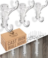 Rustic Cast Iron Coat Hooks 3 Pack Antique White, Farmhouse Decor Hooks