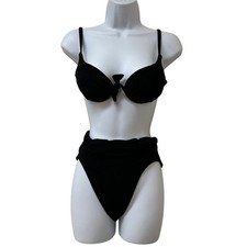 Vintage Swim Systems Black Textured High Waist Bikini Set Size M Made in USA