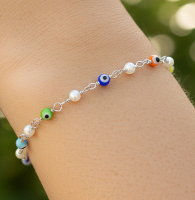 Elegant Evil Eye Bracelet | Silver Tone Boho Chain with Multicolor Beads & Pearl
