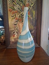 Large Hand Blown MCM Murano Style Turquoise Swirl Art Glass Vase 19 / " Tall