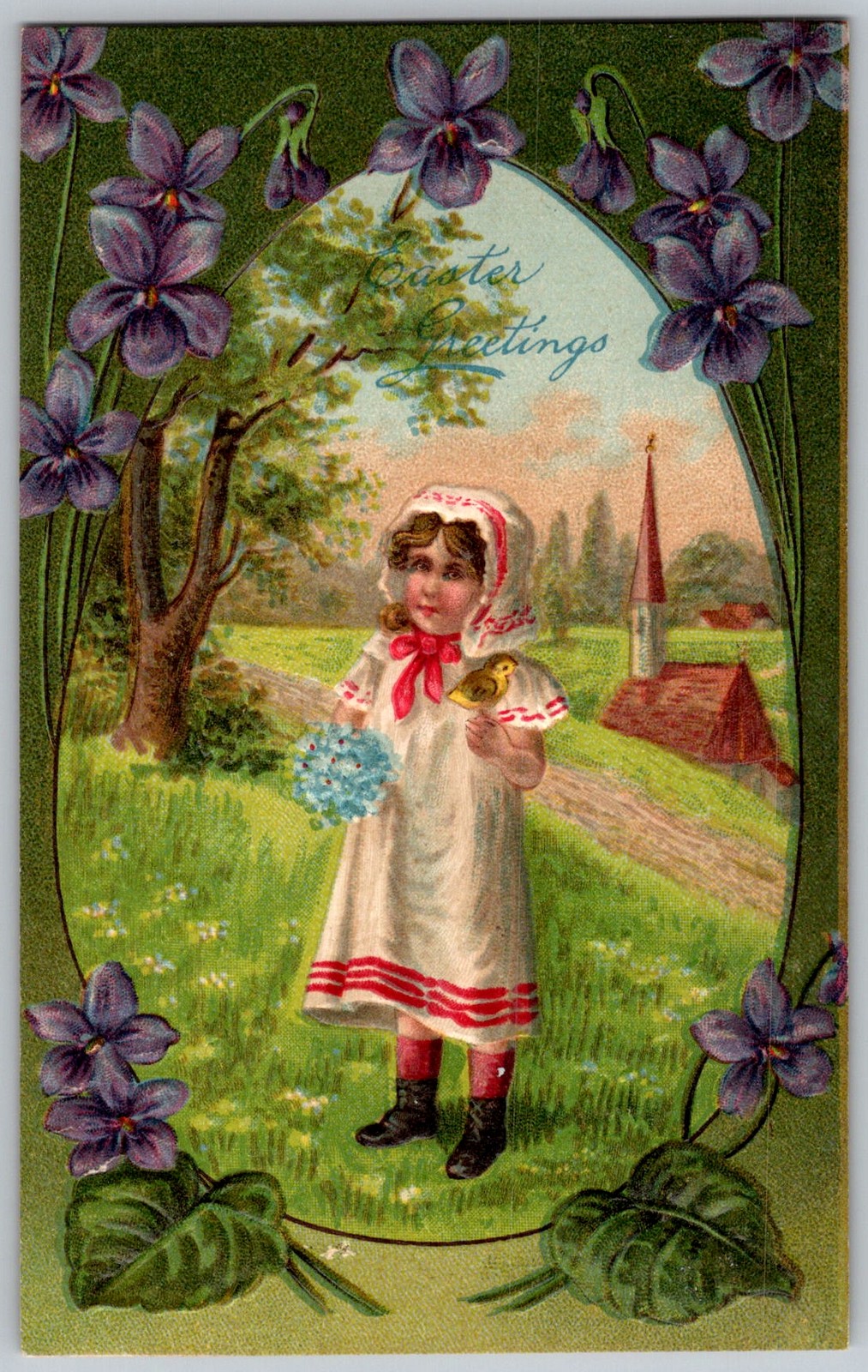 Antique Postcard Easter Girl Chick DE 1910s