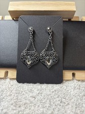 Gunmetal-tone Filigree Dangle Earrings with G...