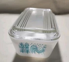 Pyrex 1.5 pt Amish Butterprint Turquoise Rooster Refrigerator Dish & Lid #502