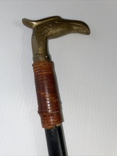 VINTAGE BRASS EAGLE HEAD WALKING CANE HANDLE WITH WOODEN STICK 36  TALL