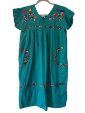 Handmade Teal Mexican Embroidered Dress Floral Animal Details Short Sleeves S