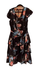 City Chic Womens Plus M 18 Black Floral Tie Back Ruffled Skirt Dress
