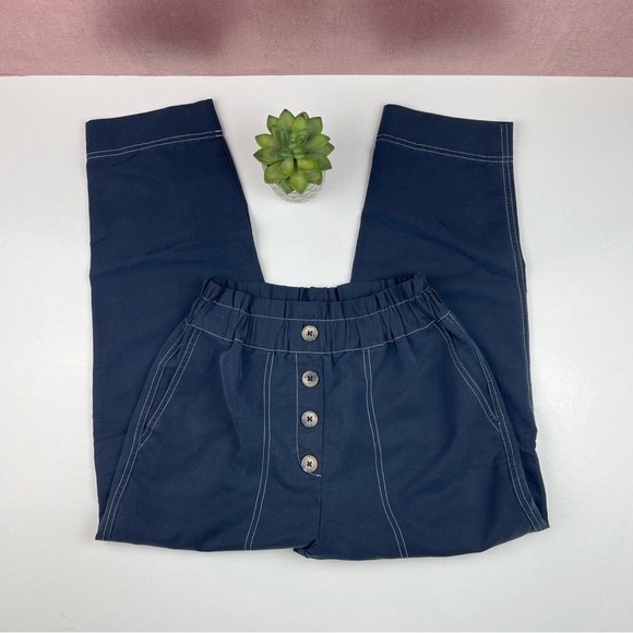 Zara Solid Navy Blue Brown Button Accent White St… - image 1