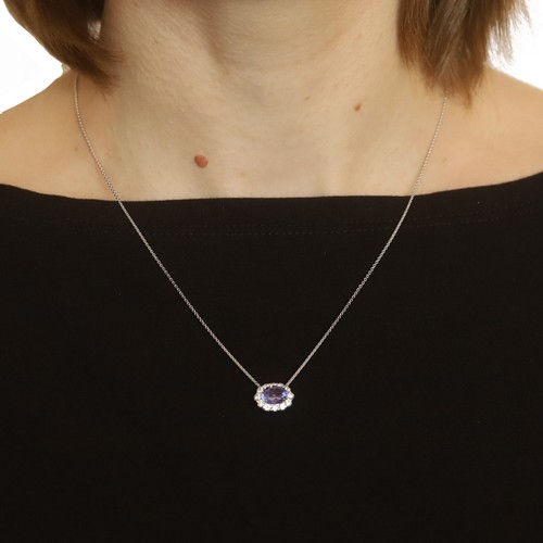 Oro Blanco Tanzanita y Diamante Este Halo Collar - 14k Ovalado 2.41ctw Ajuste - Imagen 3 de 6