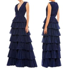 Mac Duggal 49287 Size 4 Sparkly Dark Blue Chiffon Tiered Ruffle Gown Maxi Dress