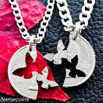 Butterfly Necklace, Interlocking Relationship Jewelry, Hand Cut Quarter