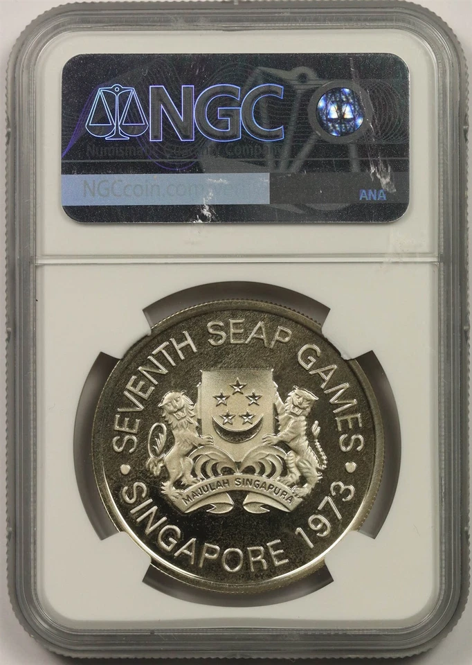Singapur 1973 plata $5 NGC PF 66 Ultra camafeo 7th Seap Games Foto 2 de 4
