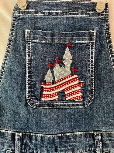 Disney Denim Overall Shorts Embroidered Americana Castle Stretch Girls Lg 10-12 - Picture 2 of 6