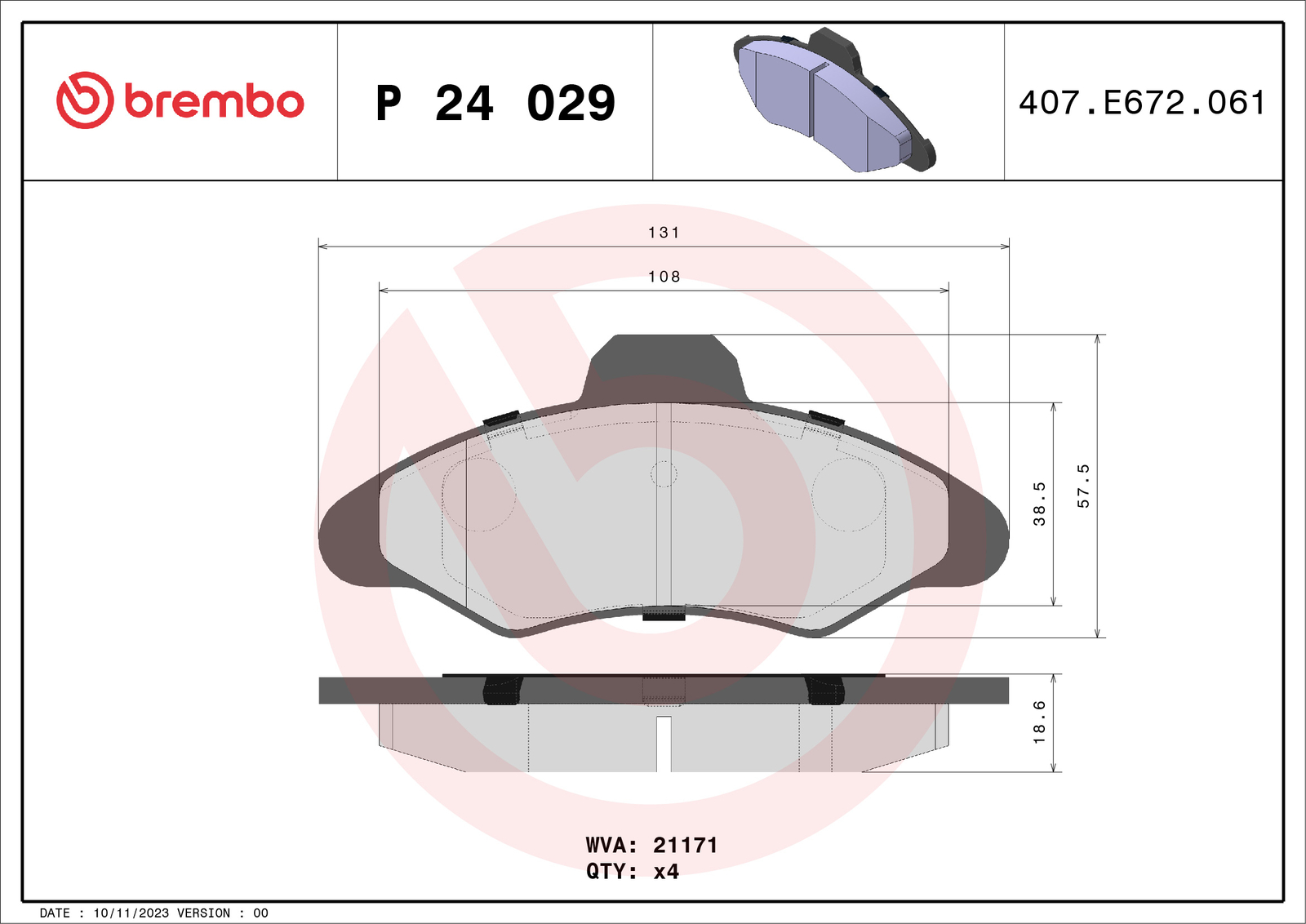 P 24 029 BREMBO Brake Pad Set, disc brake for FORD