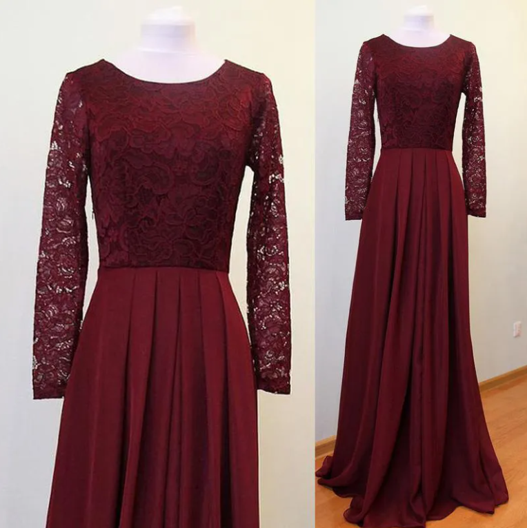 Burgundy Lace Chiffon Modest Bridesmaid Dress with Long Sleeves A-Line  Floor | eBay