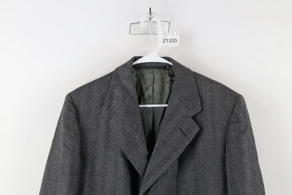 Vintage 70s Hickey Freeman Mens 42R Wool Herringbone Overcoat Jacket Gray USA - Image 2 of 4