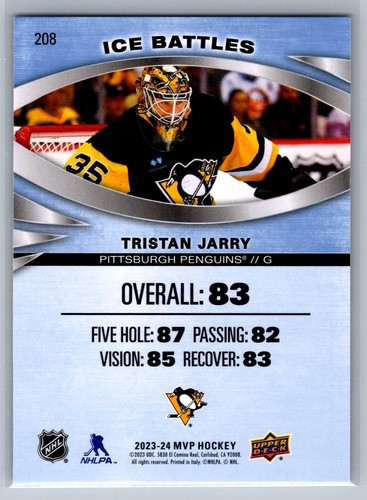 Tristan Jarry 2023-24 Upper Deck MVP Ice Battles #208 Pittsburgh Penguins SP - Picture 2 of 2