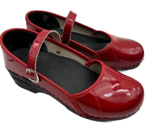 Bjork Shoes Women's 8.5 Swedish Mary Jane Style Clogs Red Patent Leather Comfort