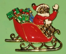 Vintage Enamel Costume Jewelry Santa in Sled Christmas Brooch & Earrings
