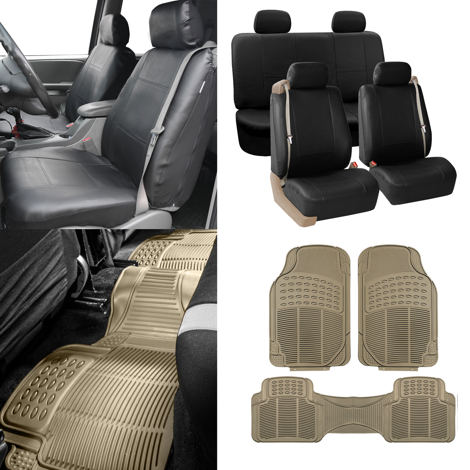 Black Integrated Seatbelt Truck SUV Seat Covers w/ Beige Floor Mats