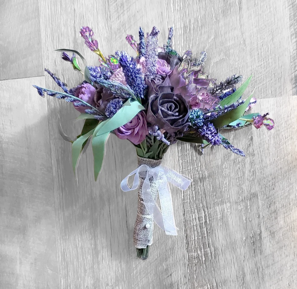 4 piezas ramo de novia púrpura lavanda 1 y 1 dama de honor madera Sola flor silvestre boda Foto 3 de 4