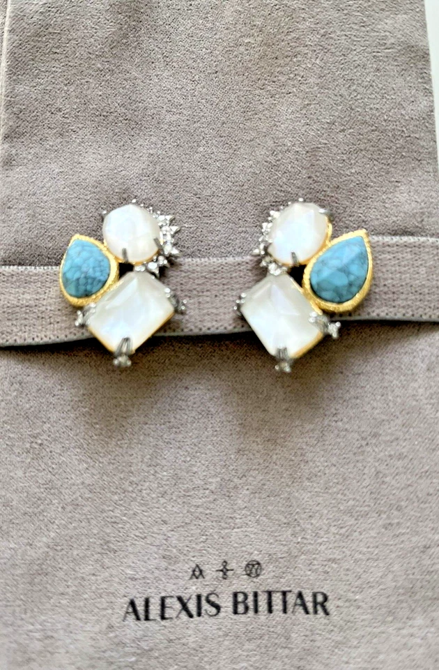Brinco Alexis Bittar branco madrepérola/clipe turquesa sintético novo com etiquetas $295. - Imagem 2 de 4