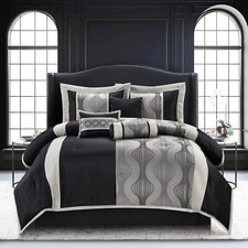 Stratford Park Black and Silver Comforter Set King Size Elegant 7 Pieces Striped
