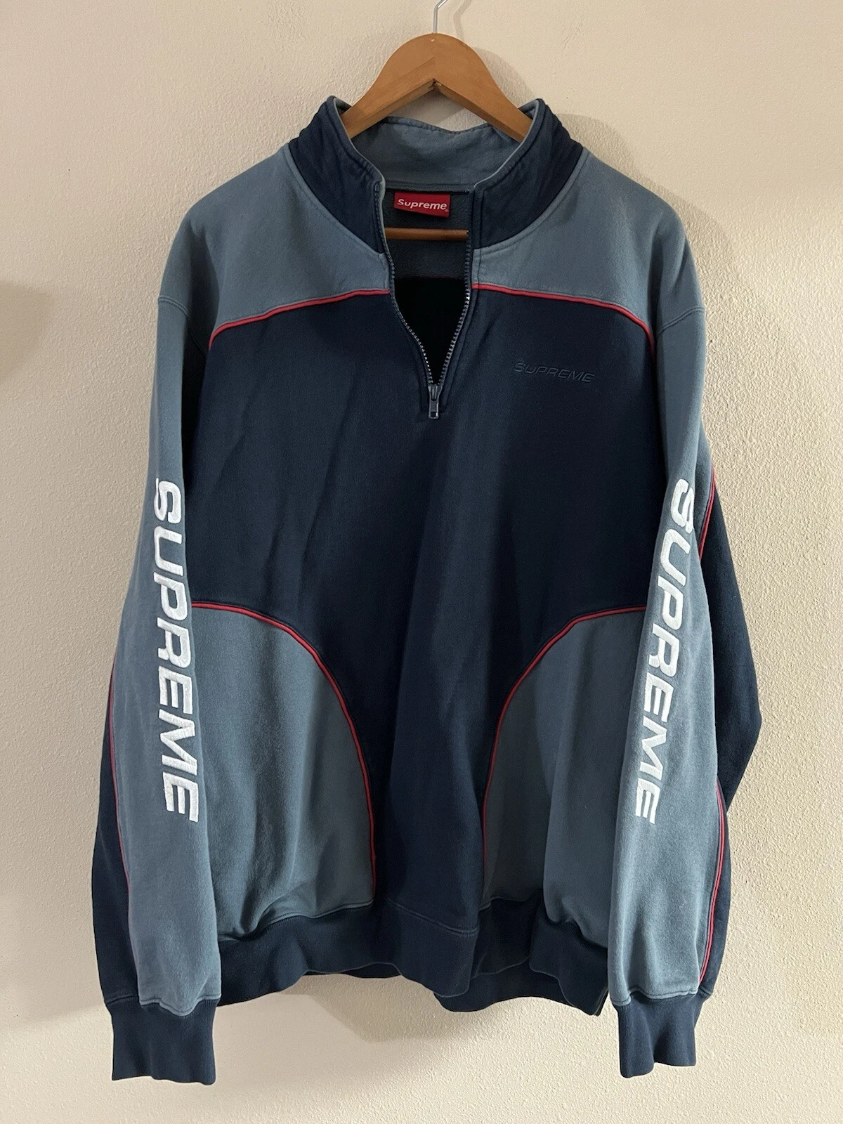 Sweat homme Supreme Speedway demi fermeture éclair taille XL EUC bleu Htf rare 2018
