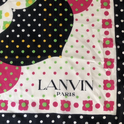 Lanvin 1970s Silk Scarf White Pink Green Yellow Black Dots Flower 20” France - Picture 2 of 6
