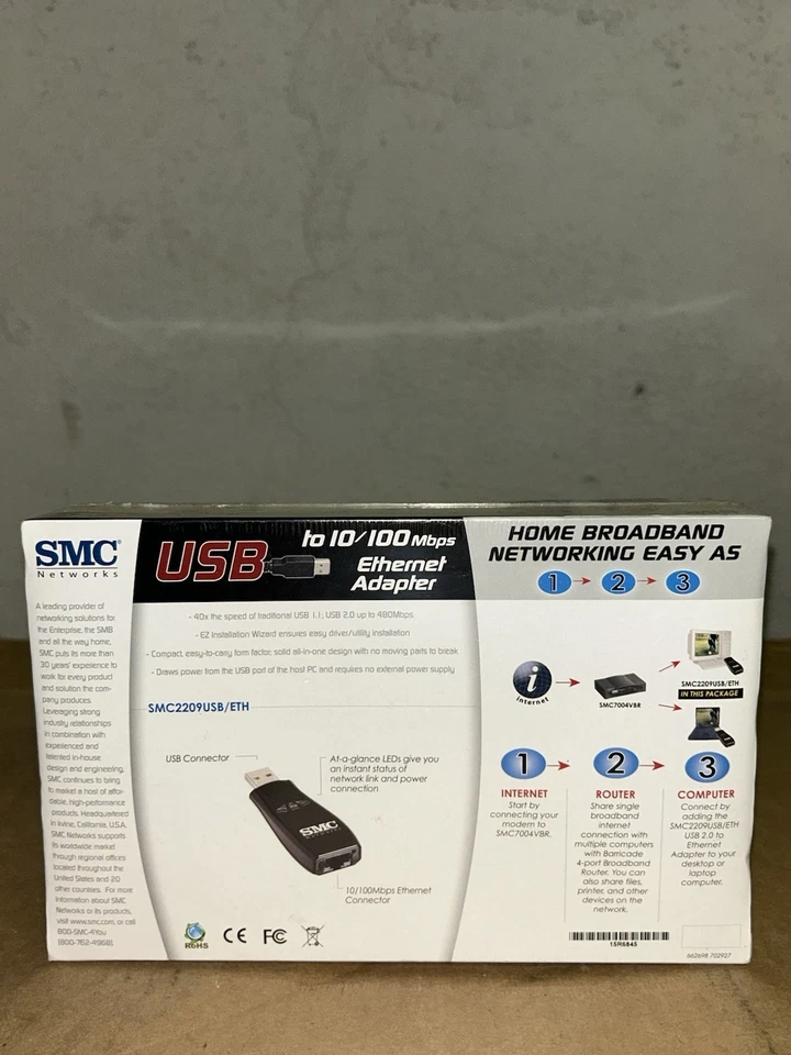 SMC Networks Compact USB 10/100Mbps Ethernet Adapter SMC2208USB/ETH 1MB Memory - Image 2 of 4