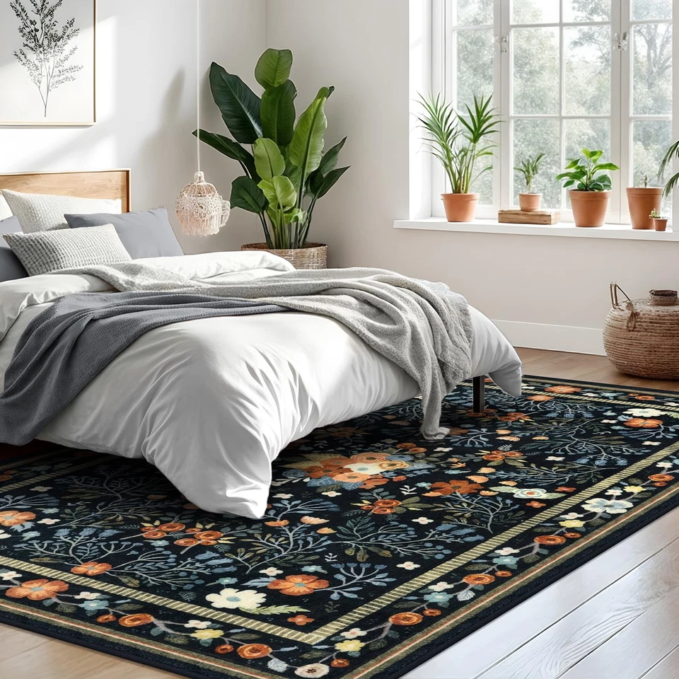 Alfombras de área para sala de estar 5x7, alfombra boho vintage floral delgada antideslizante lavable... Foto 2 de 4