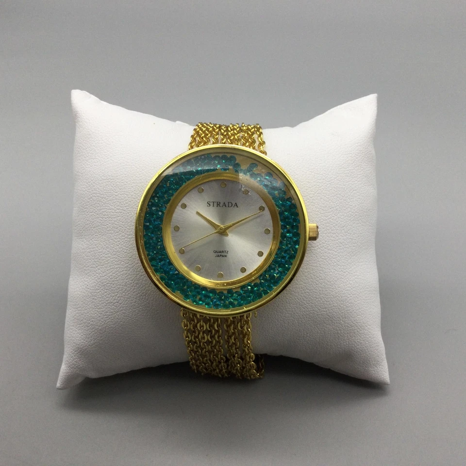 Reloj Strada Mujer Tono Dorado Cadena Pulsera Cristal Turquesa Batería Nueva 7.75" Foto 2 de 4