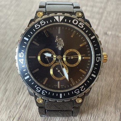 US POLO ASSN Watch Black Gold Metal w/ New Battery Working