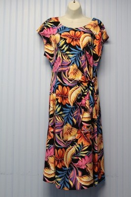 Connected Apparel bold black tropical flower print ltwt pullover dress  10  NWT