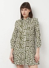 Trendy Zara White Green Geometric Print Linen Drop Waist Mini Shirt Dress XS