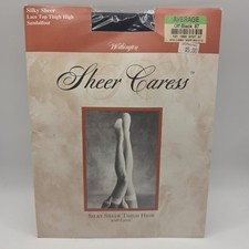 SHEER CARESS silky sheer Lace Top Thigh High Sandalfoot Average off black new
