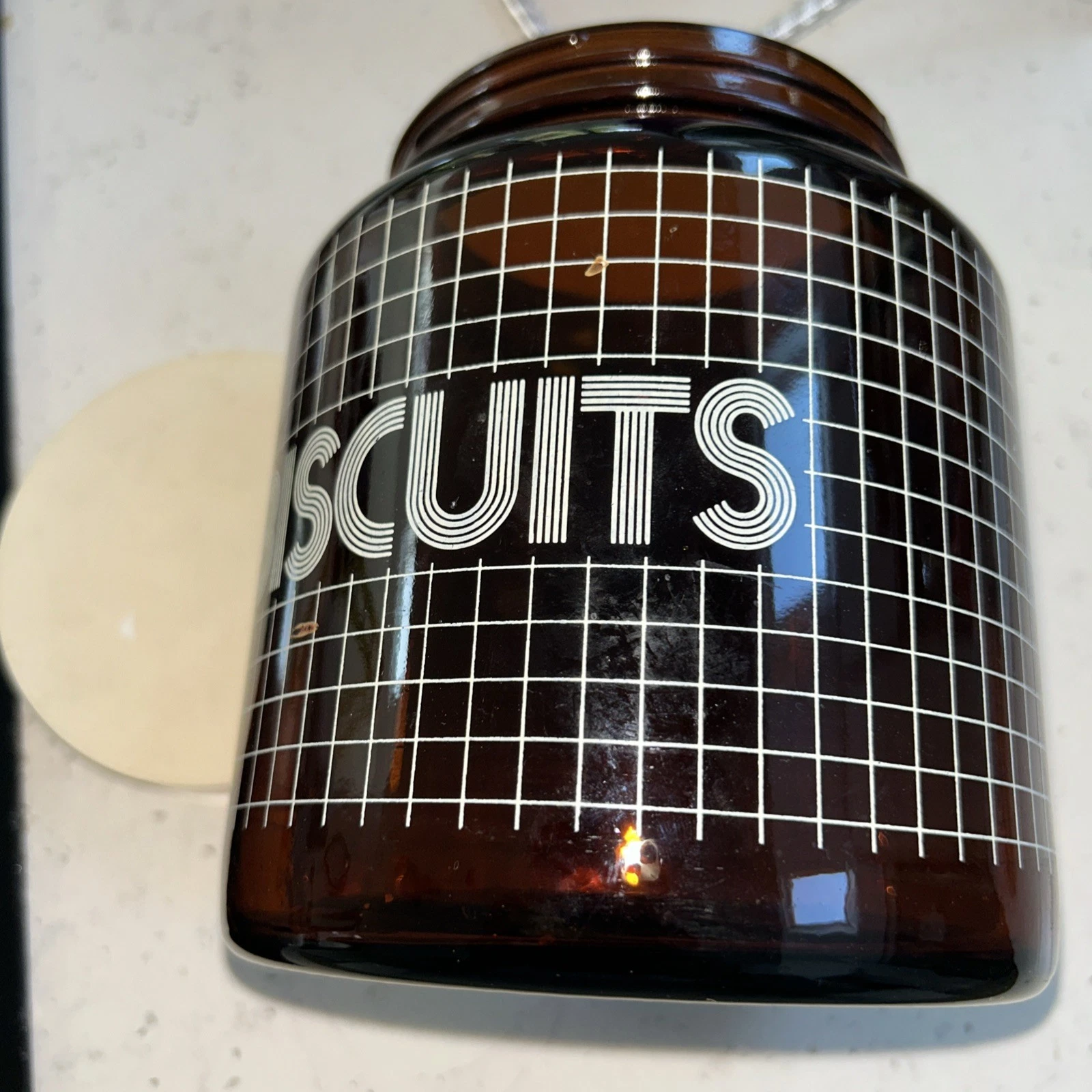 1970's retro vintage brown glass BISCUIT jar cannister with screw lid grid CLP