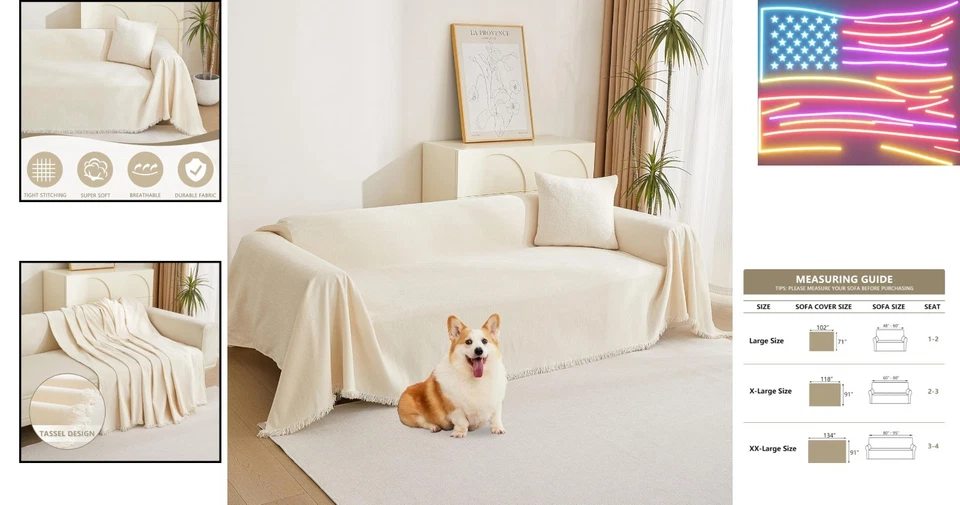 Funda de sofá de chenilla versátil en beige con borde de borla - tamaño 91"" x 134"" Foto 2 de 4