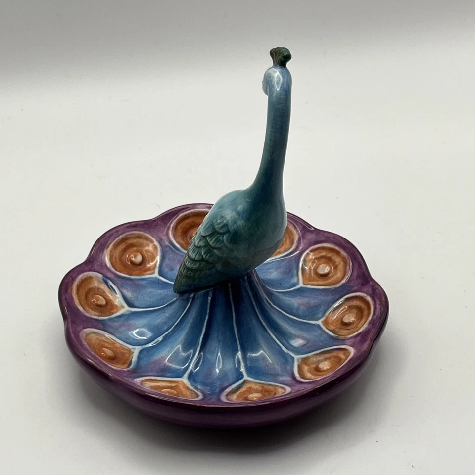 Soporte de anillo de pavo real plato de baratija cerámica turquesa y púrpura Foto 2 de 4