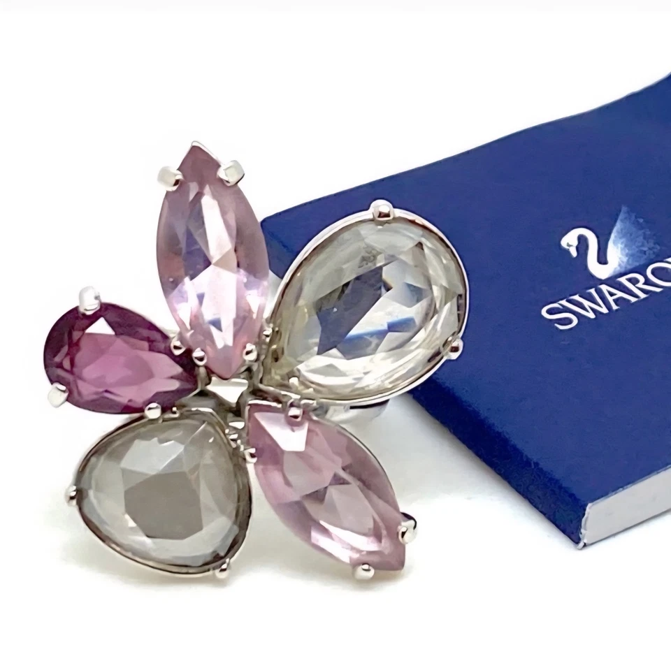 Anel Swarovski Nirvana coquetel roxo flor transparente prata tamanho 58 Reino Unido P/Q, caixa - Imagem 2 de 4