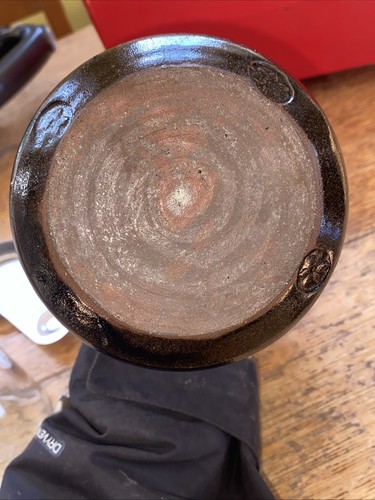 Mid Century Studio Pottery Covered Dish Cookie Jar Stamped Flower Impressed Mark - Picture 9 of 11