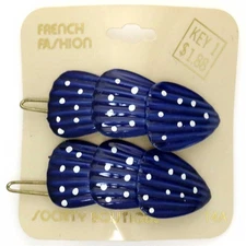 NOS 70s 80s Vintage Blue White Polka Dot Enamel Scalloped Barrettes Hair Clips