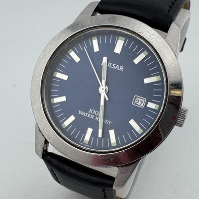 #ad Pulsar Quartz Watch V132 X044 Men 100m Silver Blue Day Date Leather New Battery $29.99