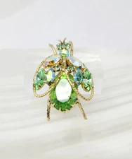Vtg Signed REGENCY Green Glass AB Rhinestone Insect Bee Brooch