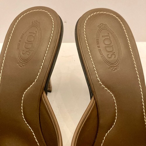 TOD'S Slides Heels Mules Womens 8.5 Brown Blue White Leather Open Toe Slip on - Picture 5 of 11