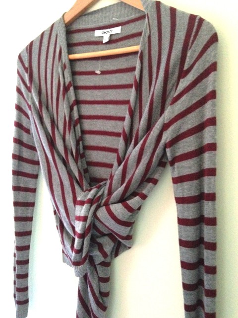 NWT DKNY Elegant Black Cherry Red Gray Knit Wrap Convertible Sweater Top L $175 NWT DKNY Elegant Black Cherry Red Gray Knit Wrap Convertible Sweater Top L $175