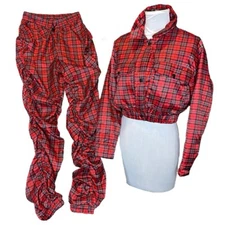Labijou Tartan Plaid Jogger Set Womens S Red Ruched Streetwear Hip Hop Clubwear