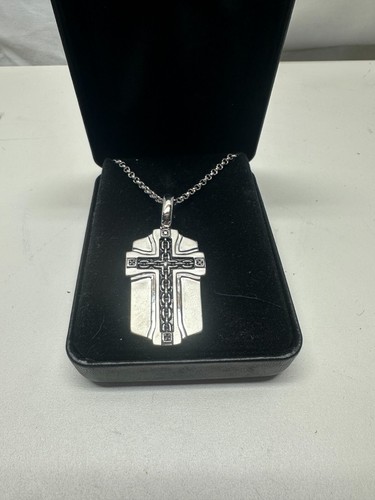 GENUINE BLACK DIAMOND STERLING SILVER CROSS PENDANT AND NECKLACE MENS NEW $500 - Picture 1 of 3