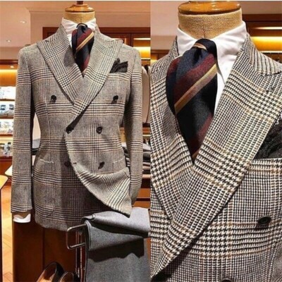 Herren Hahnentritt Anzüge Weites Spitzes Revers Jacke 2 Teile Zweireiher Mantel Business
