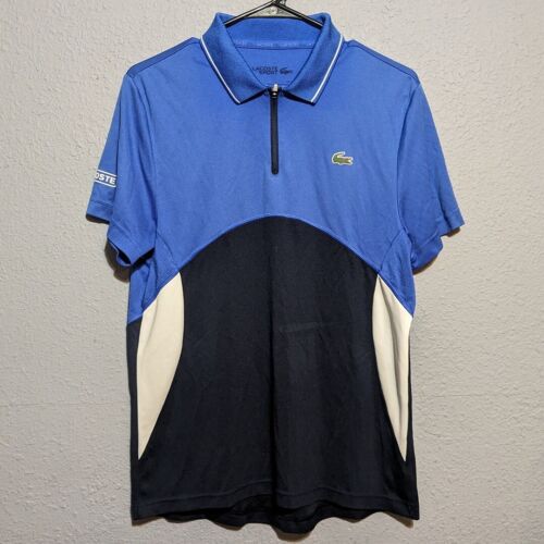 Lacoste Sport Zip Neck Pique Ultra Dry Active Polo Shirt Men's Medium Blue/Black - Picture 1 of 14